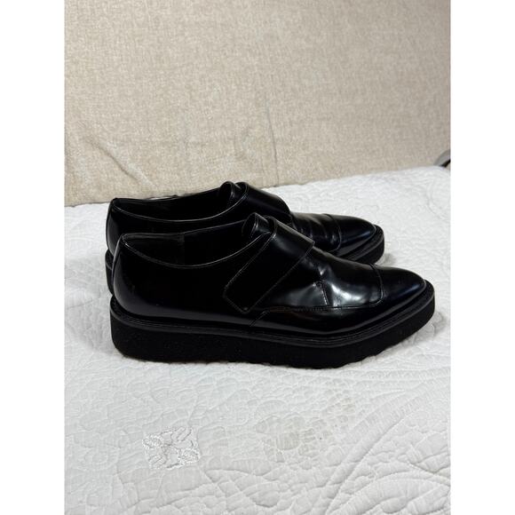 Vince Women 7.5 Arden Black Patent Chunky Lug Sole Goth Platform Shoe Leather - Picture 10 of 12